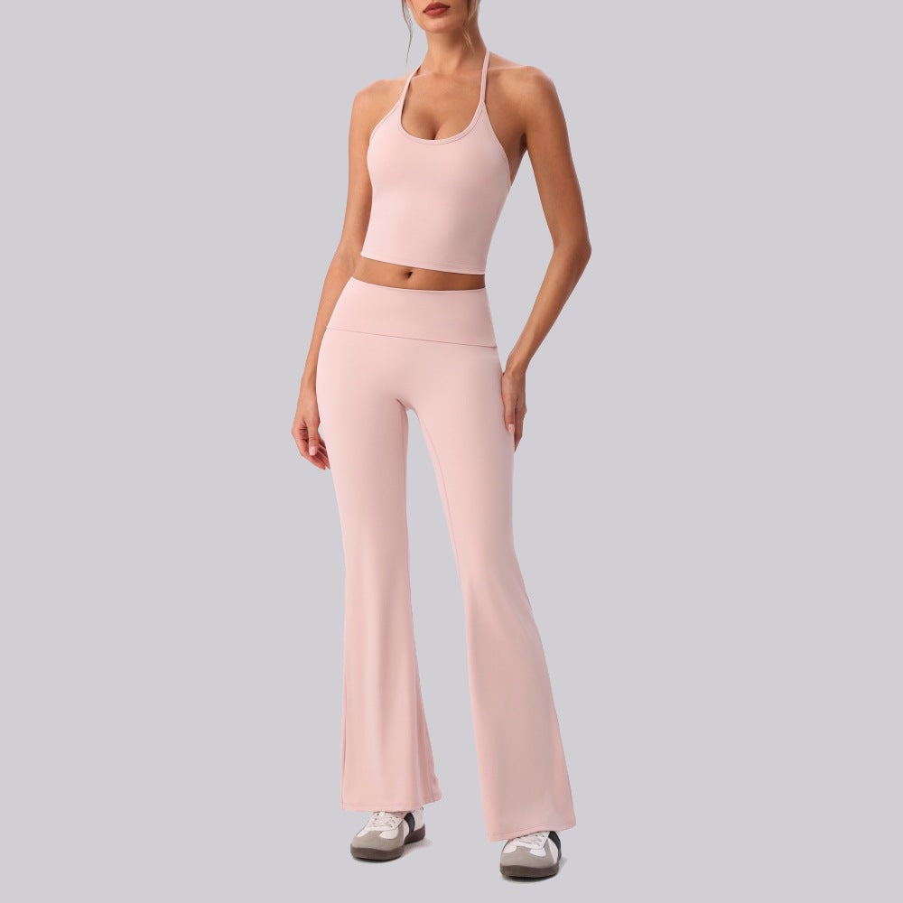 Wholesale 3-Piece Yoga Set | Halter Tank with Bra & Flare Pants | FOUREGG