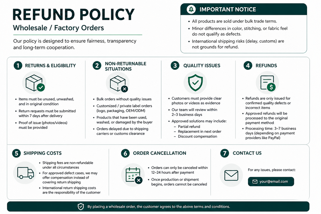 Wholesale yoga wear refund policy infographic showing return conditions, non-returnable items, quality issue process, refund rules, shipping costs, order cancellation terms, and contact information in a structured corporate layout.