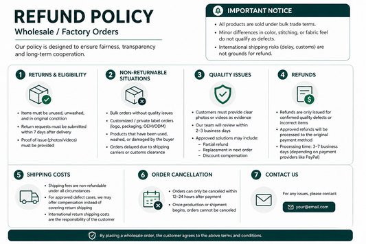 Wholesale yoga wear refund policy infographic showing return conditions, non-returnable items, quality issue process, refund rules, shipping costs, order cancellation terms, and contact information in a structured corporate layout.