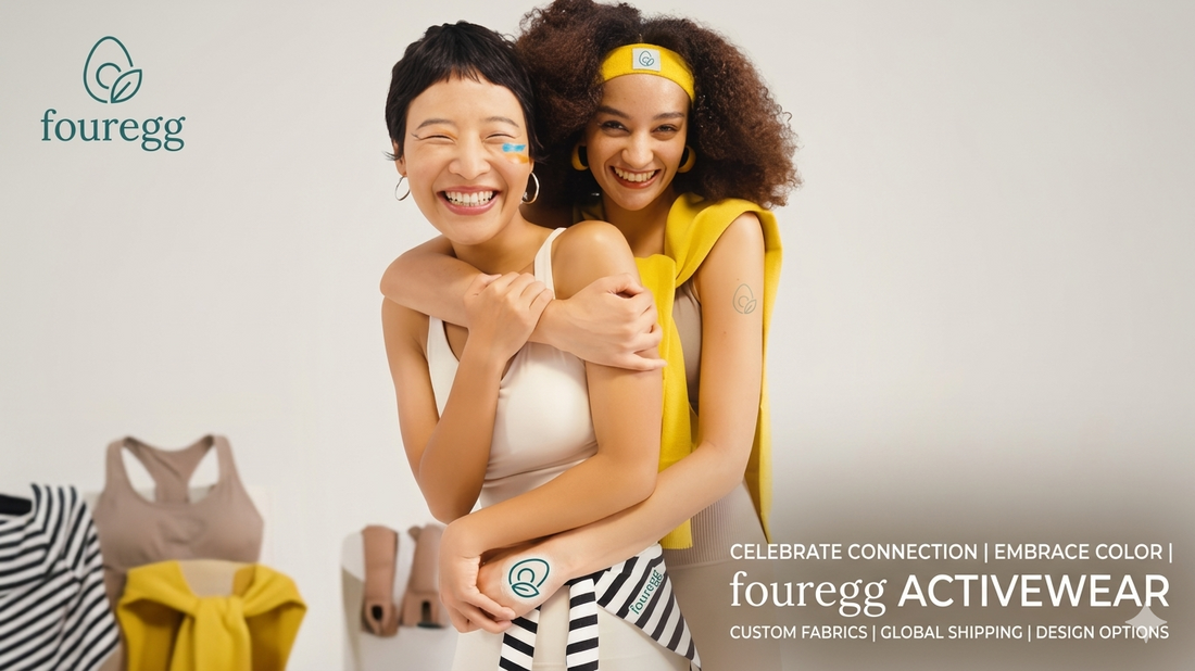 FOUREGG activewear B2B wholesale supplier featuring happy models in custom yoga and fitness apparel, highlighting custom fabrics, global shipping, and private label design options.