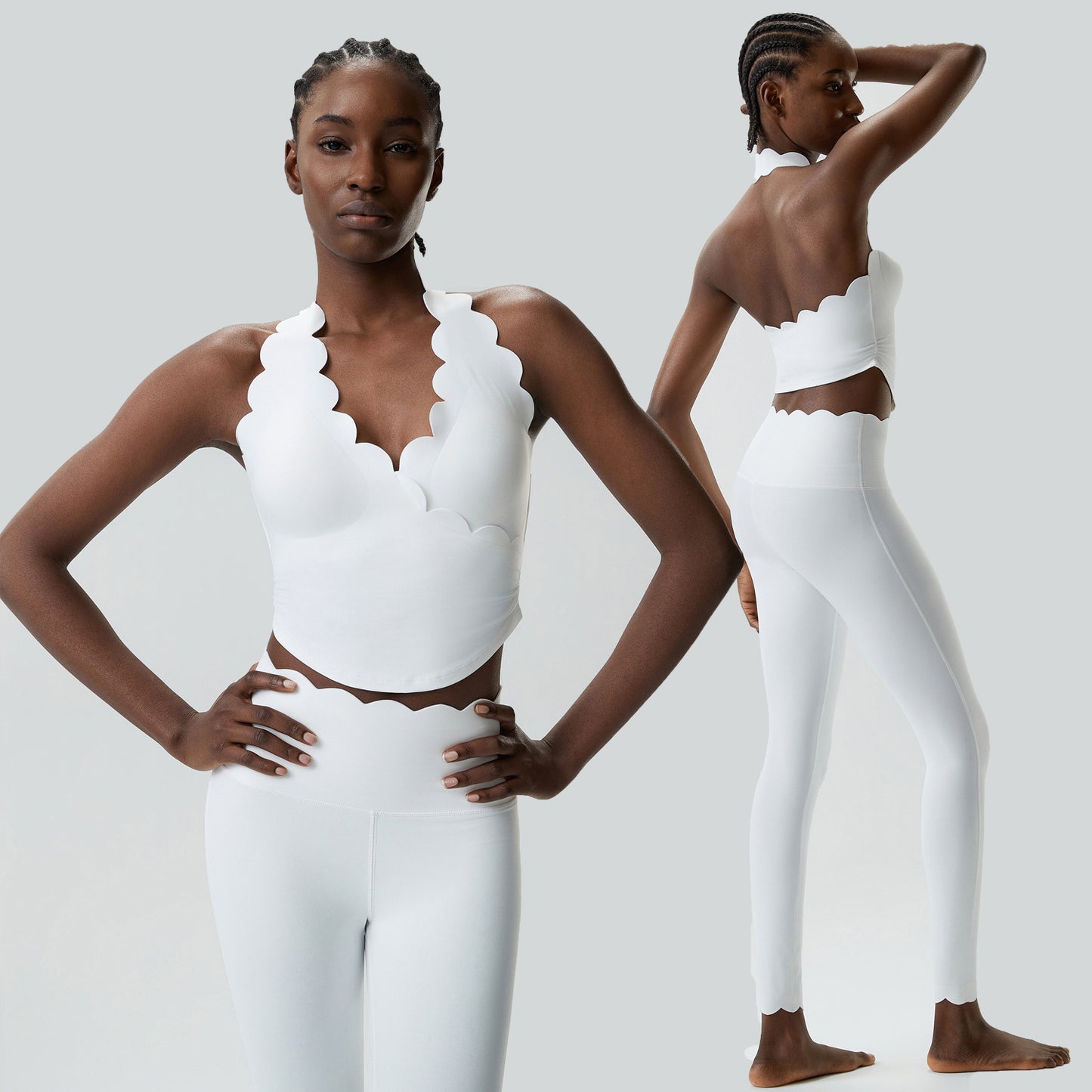 01/2026 Conjunto de ropa de yoga de talla grande, ajustado, con cuello halter y un sutil toque nude, conjunto deportivo de dos piezas para mujer.