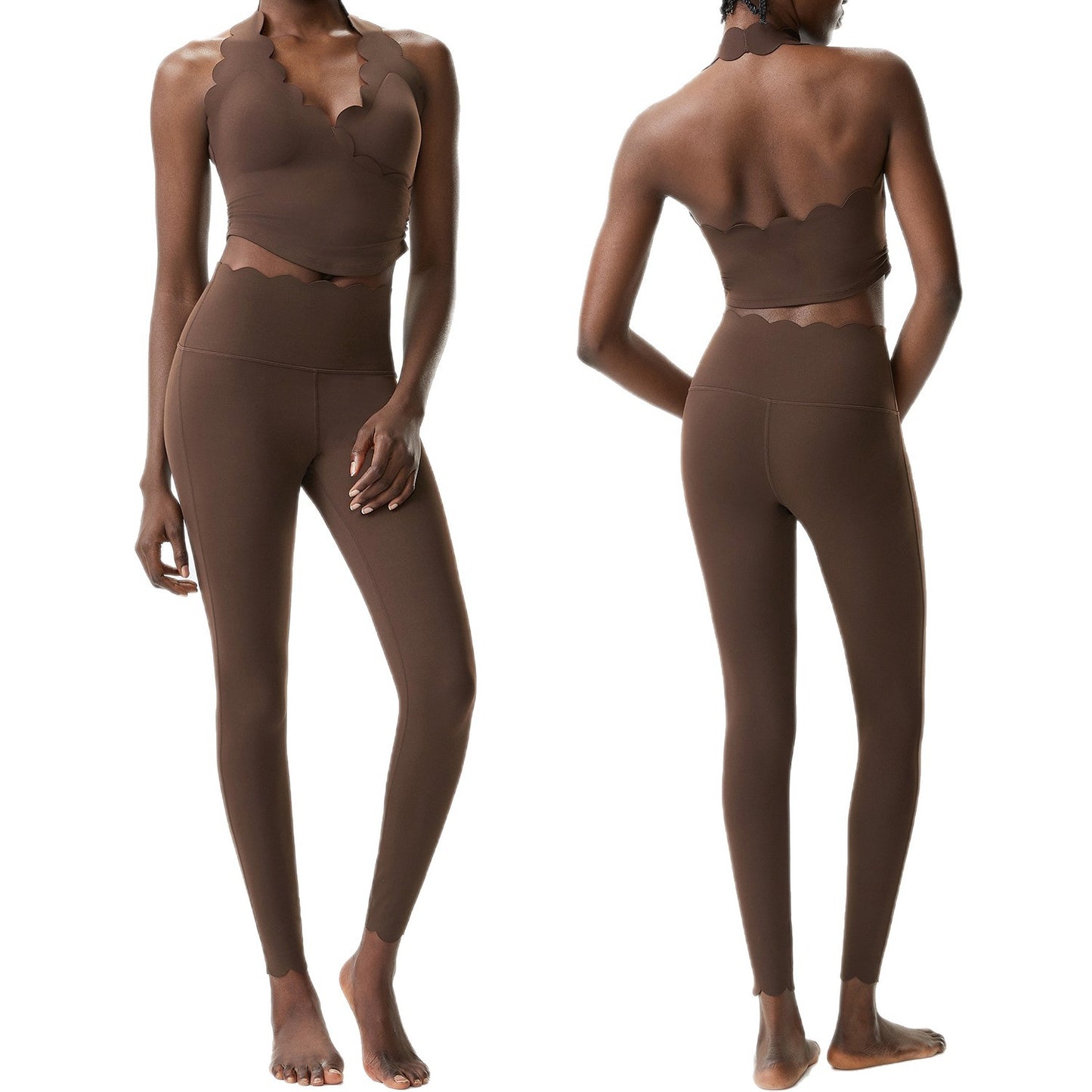 01/2026 Conjunto de ropa de yoga de talla grande, ajustado, con cuello halter y un sutil toque nude, conjunto deportivo de dos piezas para mujer.