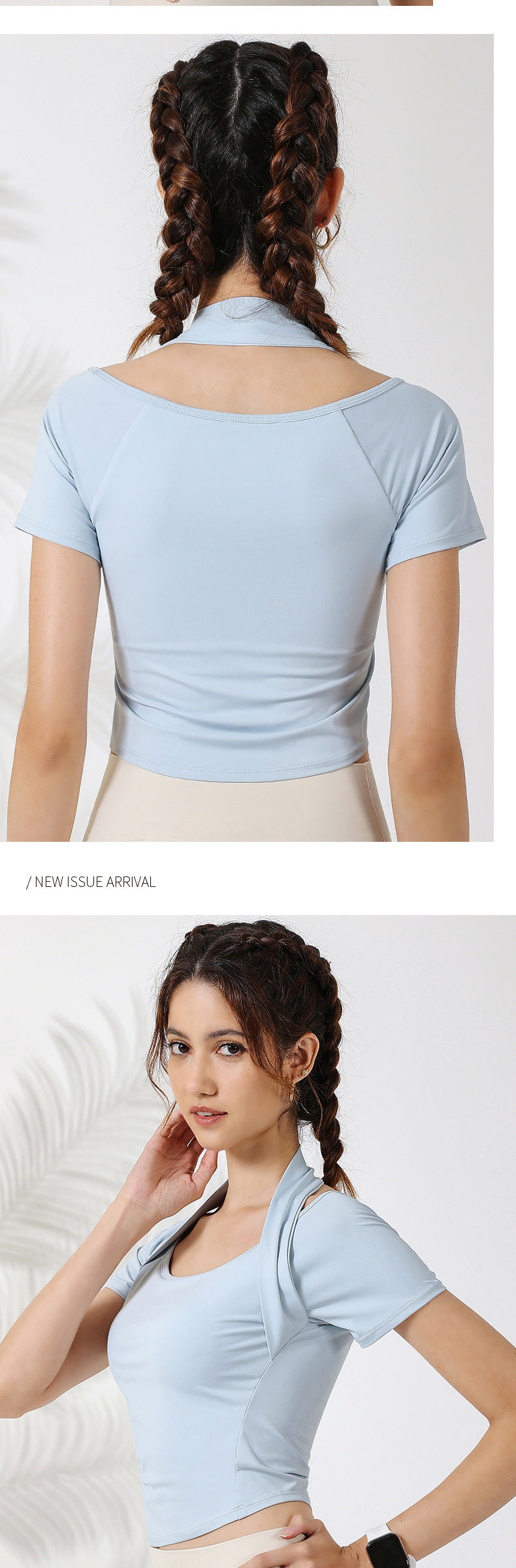 Hanging neck pure desire wind pleated sports short-sleeved women's fitness t-shirt running quick-drying yoga top with chest pad