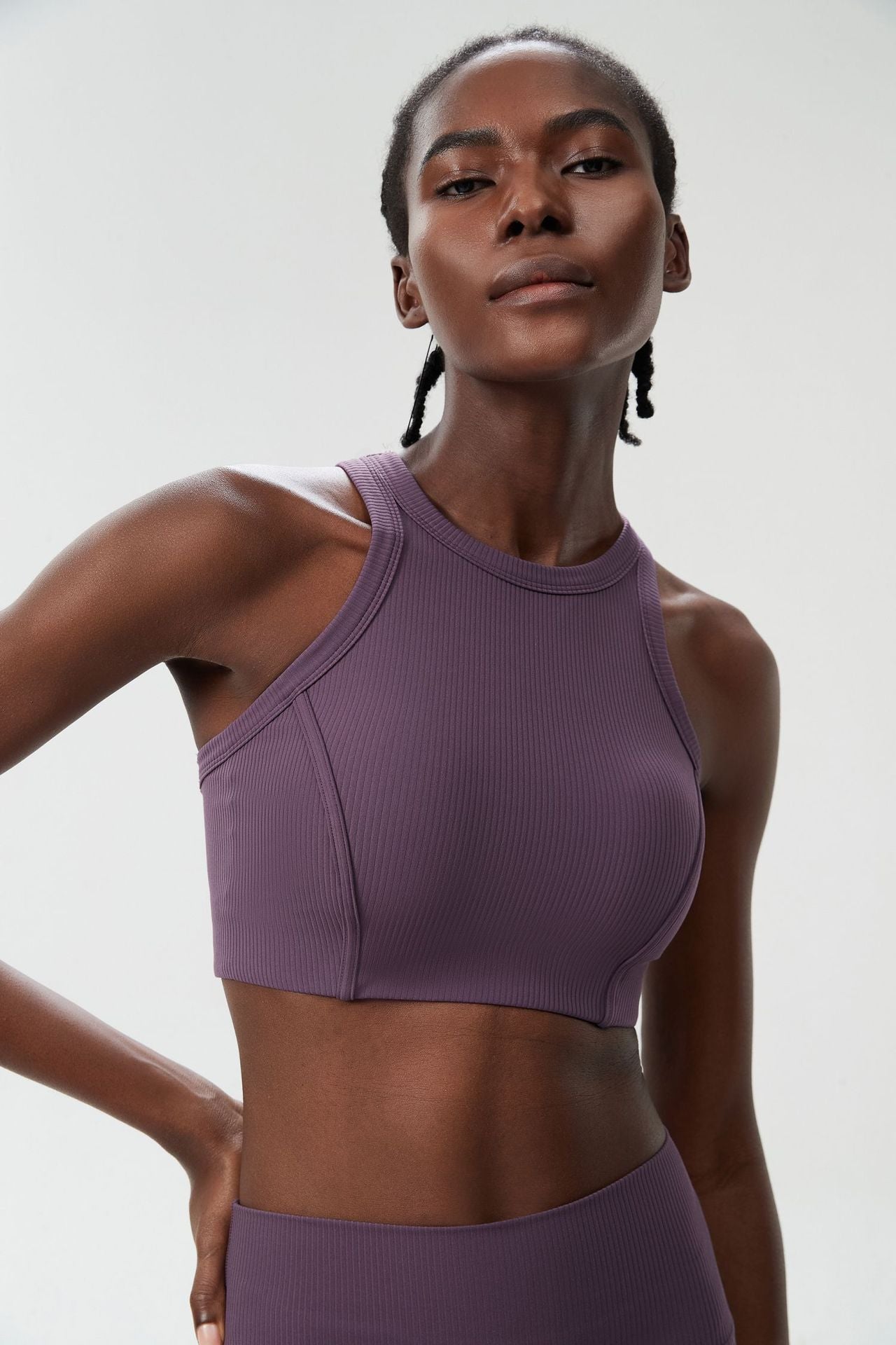 04/2024 ribbed High neck willow strip fan round oxygen cup sports bra women's long yoga fitness vest running bra