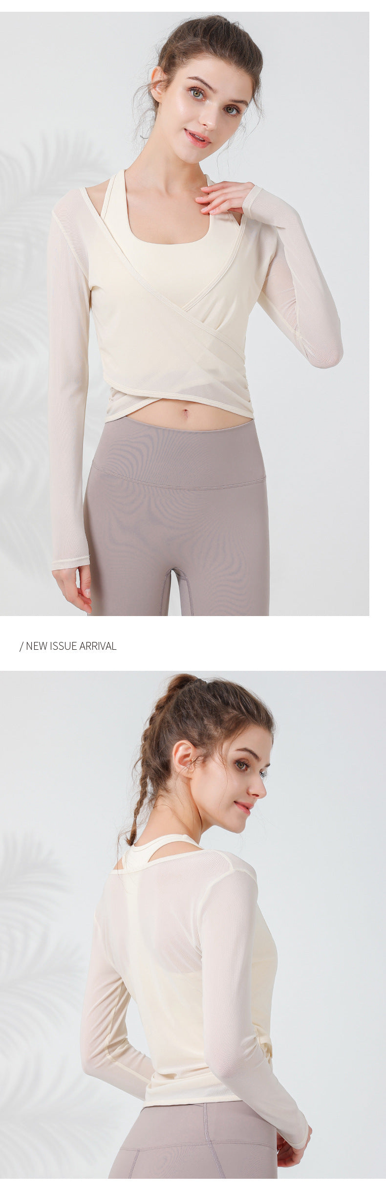 2023.09 Women Extra Large XL mesh outer wear slimming sports fitness long-sleeved Internet celebrity breathable waist T-shirt Pilates training blouse