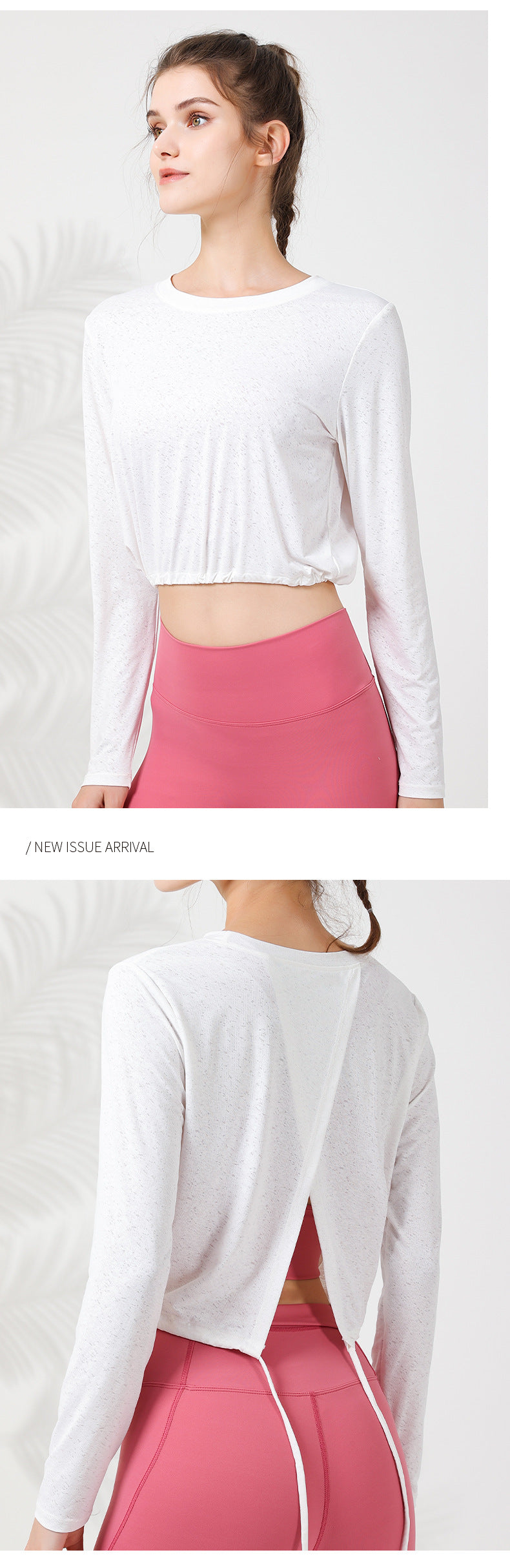 2023.08 New jacquard loose breathable sports long-sleeved short slim-fit cross hollow adjustable waist drawstring T-shirt for women