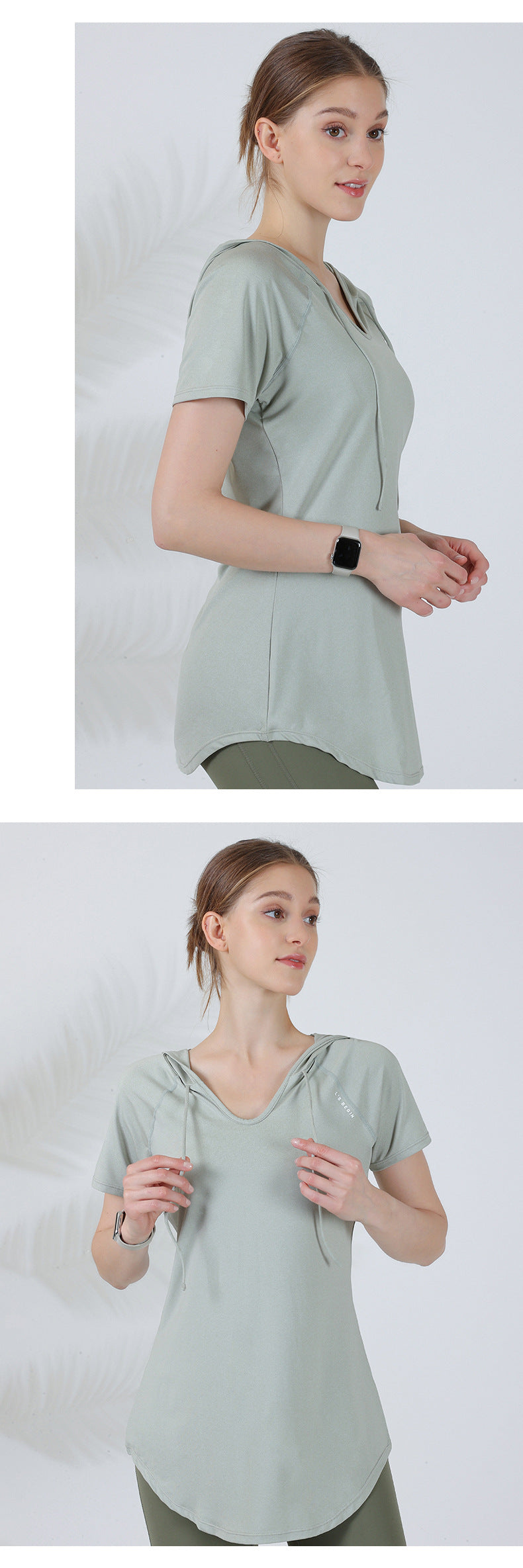 Loose hooded sports top women's short-sleeved T-shirt yoga clothing running fitness clothing