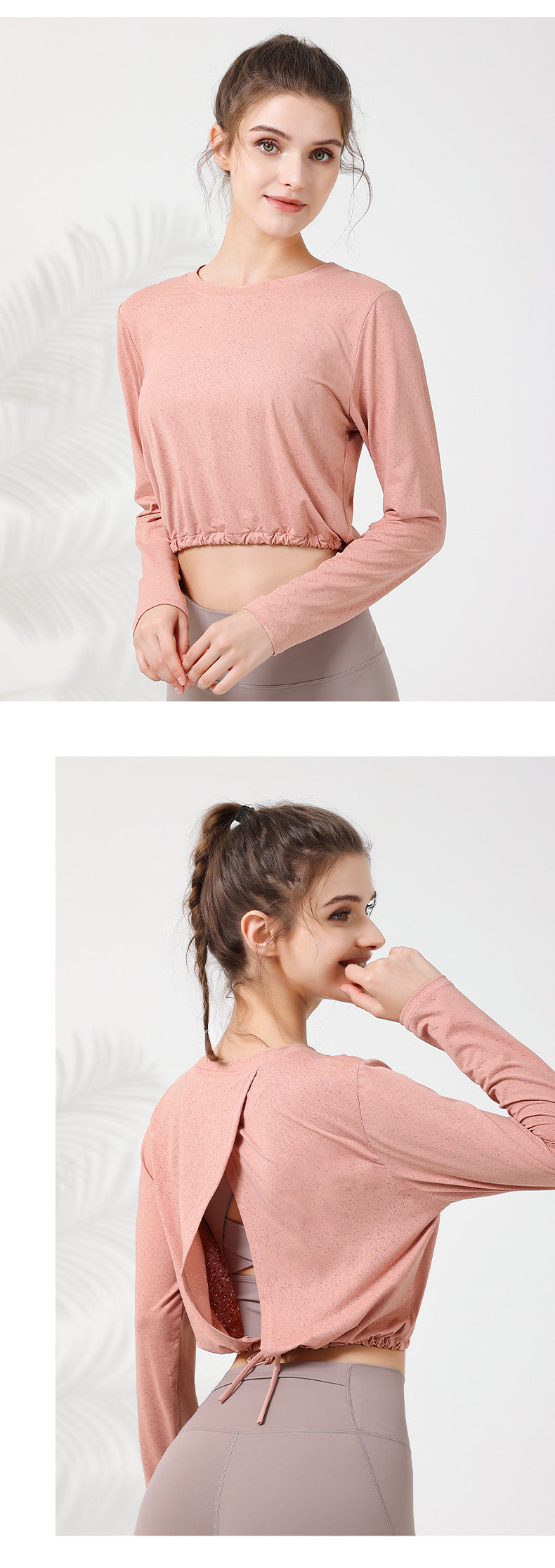 2023.08 New jacquard loose breathable sports long-sleeved short slim-fit cross hollow adjustable waist drawstring T-shirt for women