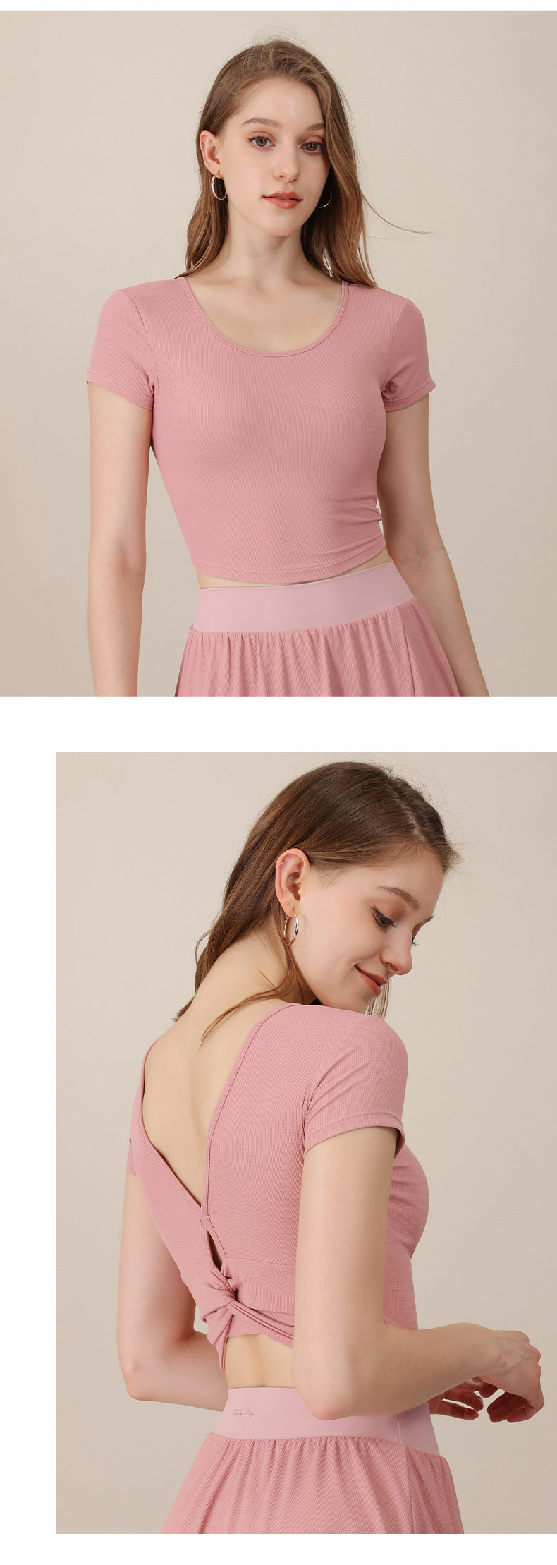 2023.08 Spring and summer new cool feeling yoga clothing tight sports top female beauty back short section with chest pad seamless fitness short sleeves