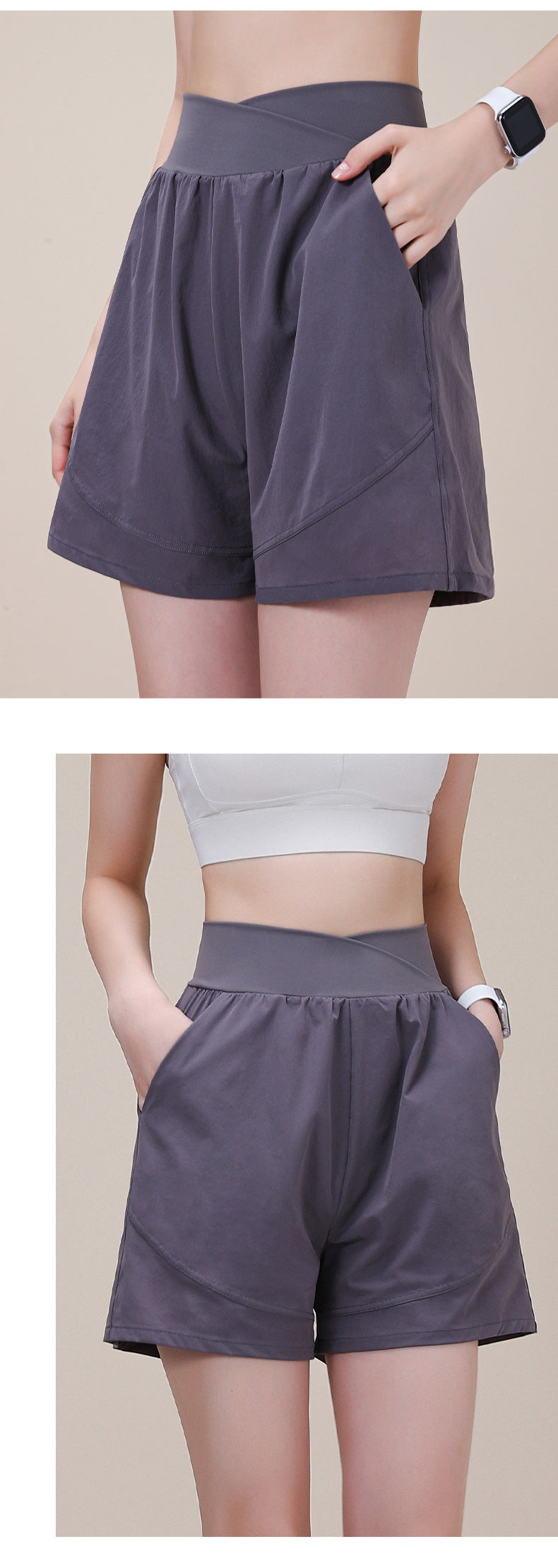 Summer new A-line trousers sports shorts women's belt pocket cross V-shaped belly slimming running fitness yoga pants