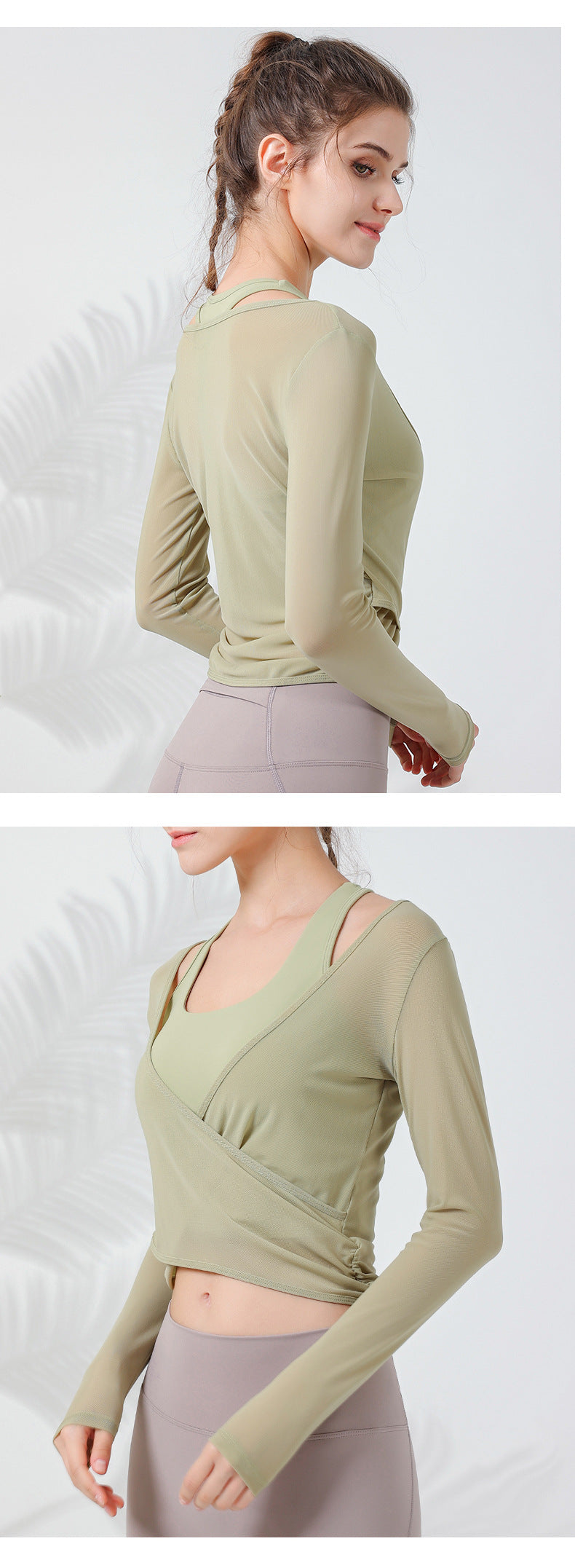 2023.09 Women Extra Large XL mesh outer wear slimming sports fitness long-sleeved Internet celebrity breathable waist T-shirt Pilates training blouse