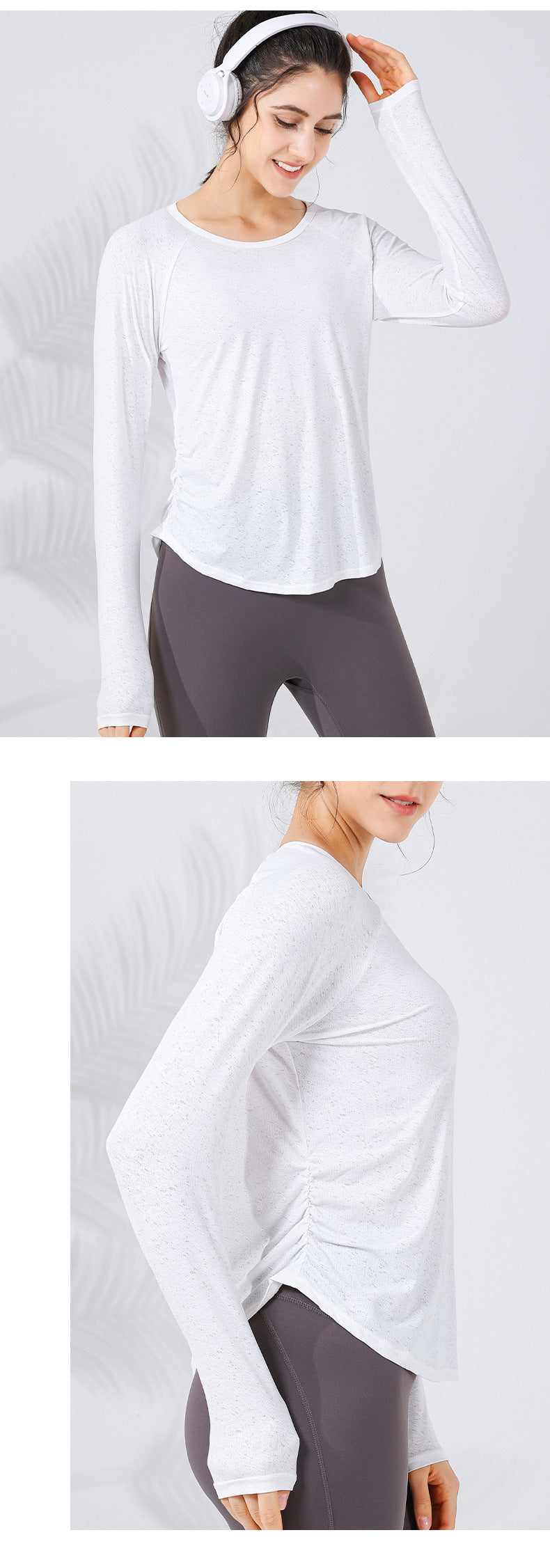 2023.09 New jacquard hollow out breathable sports long-sleeved adjustable waist drawstring to cover the meat curved hem fitness clothes for women