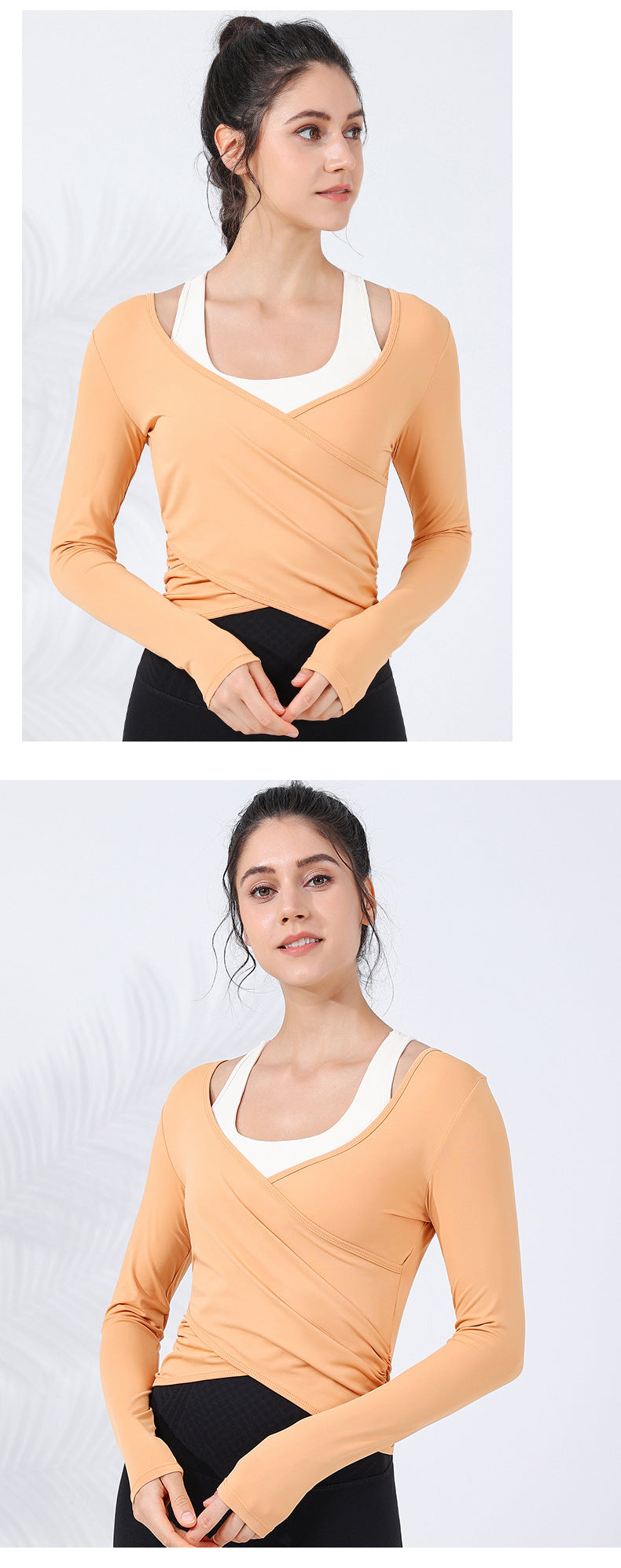 2023.09 New cross slimming running sports net red long-sleeved women's meat cover arc shrunken hem with chest pad fitness clothes
