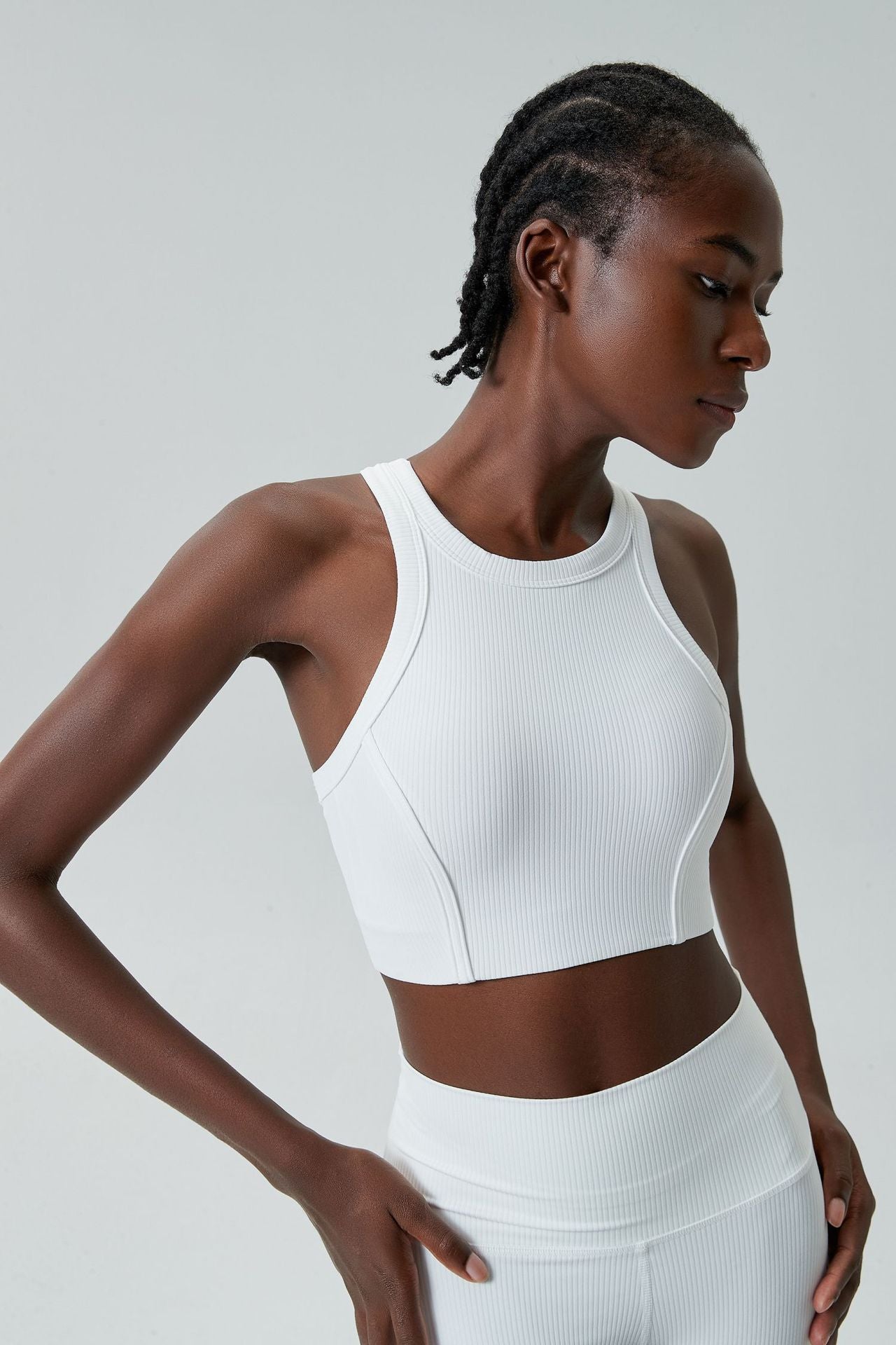 04/2024 ribbed High neck willow strip fan round oxygen cup sports bra women's long yoga fitness vest running bra