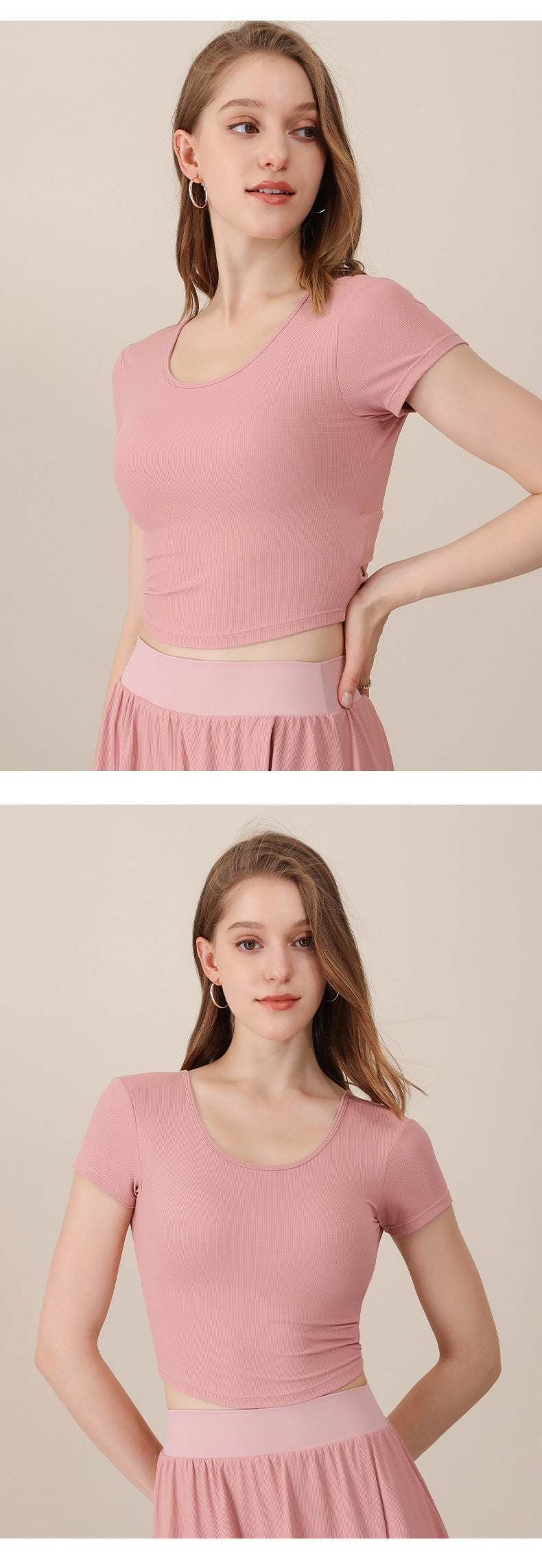 2023.08 Spring and summer new cool feeling yoga clothing tight sports top female beauty back short section with chest pad seamless fitness short sleeves