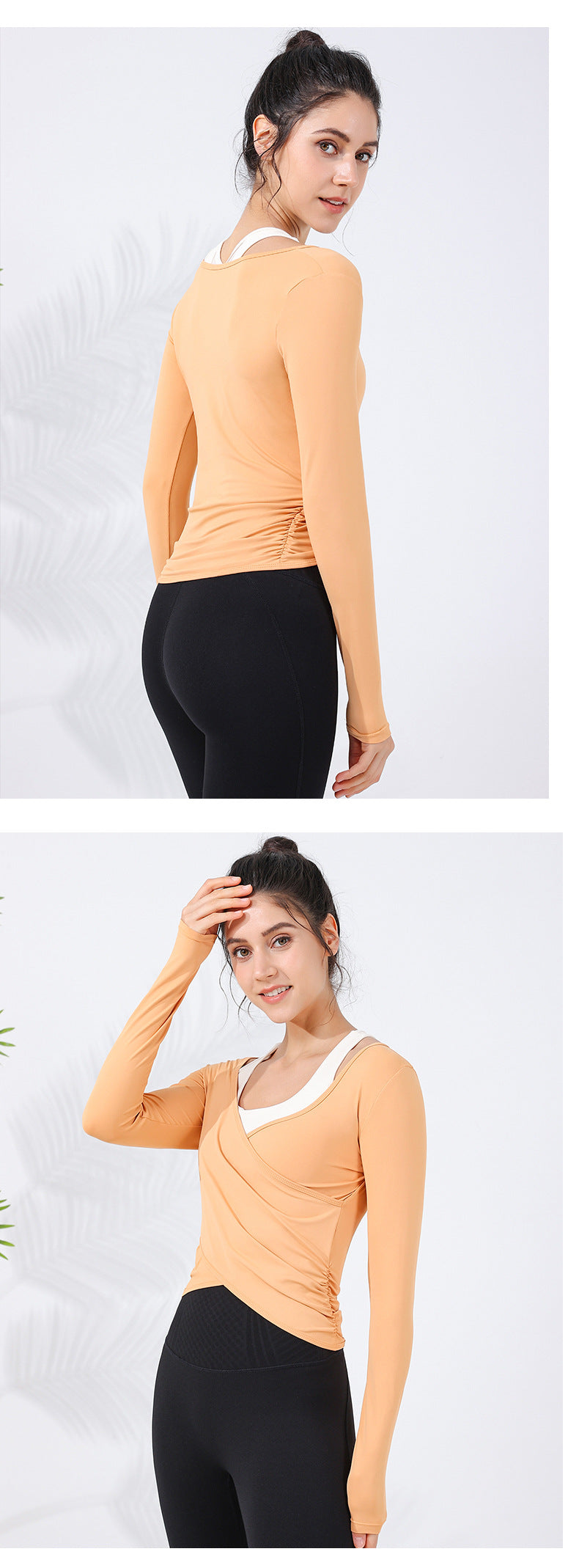 2023.09 New cross slimming running sports net red long-sleeved women's meat cover arc shrunken hem with chest pad fitness clothes