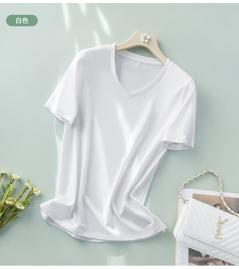 Light luxury mulberry silk short-sleeved t-shirt women's all-match V-neck top 2023 summer new cool V-neck half-sleeved bottoming shirt
