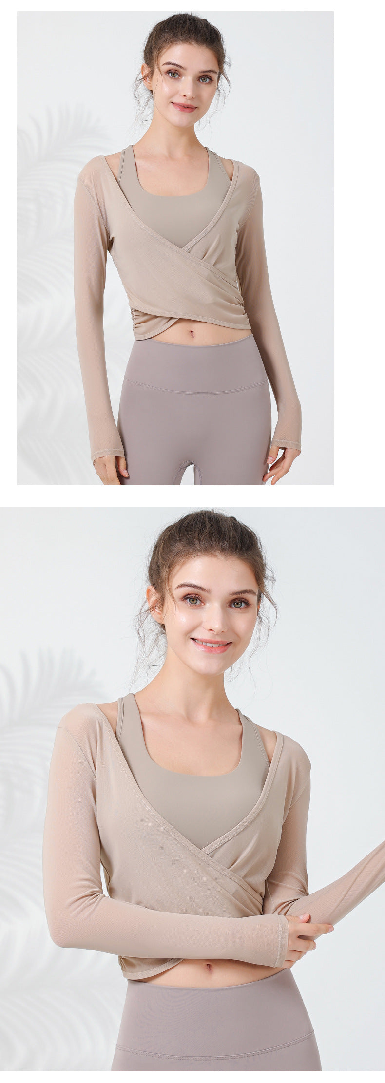 2023.09 Women Extra Large XL mesh outer wear slimming sports fitness long-sleeved Internet celebrity breathable waist T-shirt Pilates training blouse