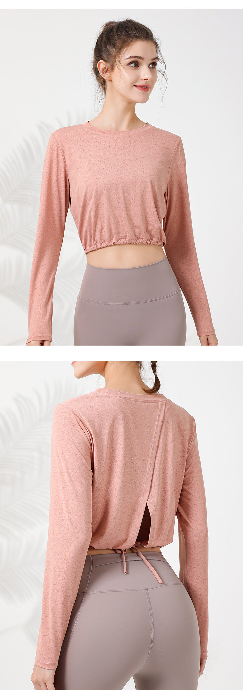 2023.08 New jacquard loose breathable sports long-sleeved short slim-fit cross hollow adjustable waist drawstring T-shirt for women