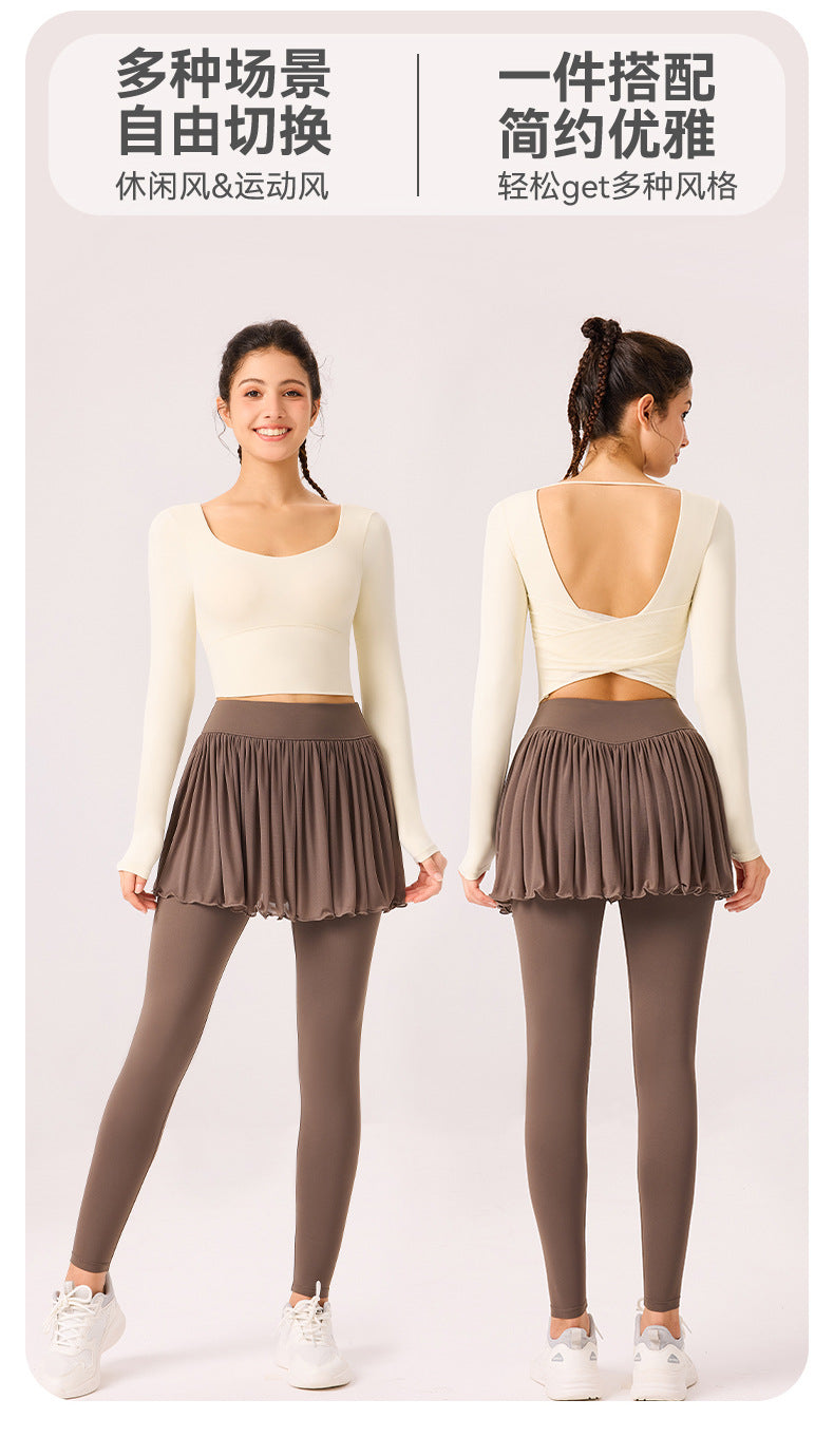 09/2025 Autumn and winter vacation two-piece sports trousers skirt can be worn outside the gym quick-drying running yoga T-shirt beautiful back breathable long sleeves