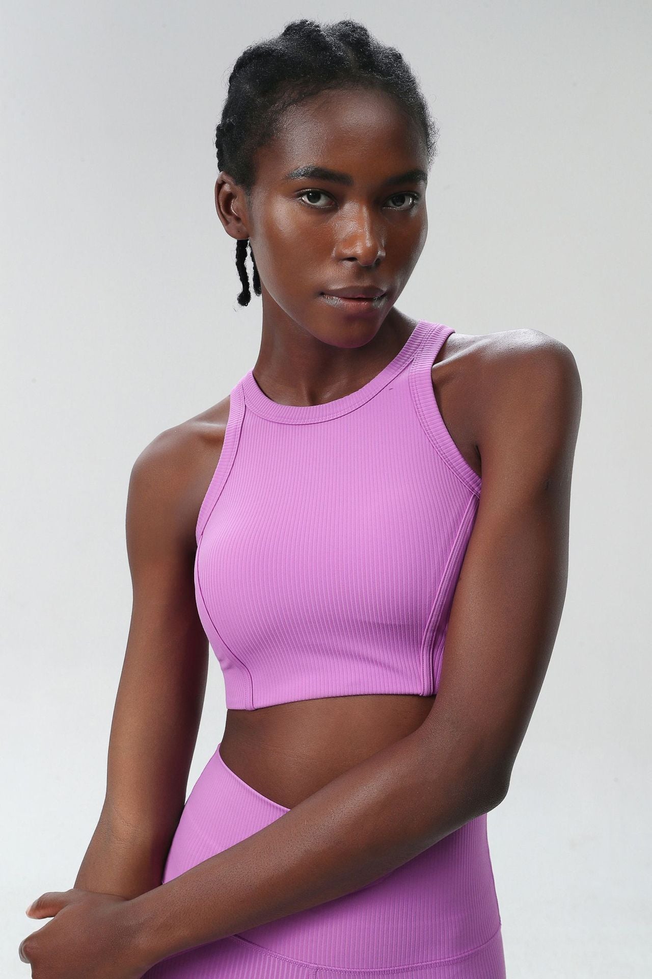 04/2024 ribbed High neck willow strip fan round oxygen cup sports bra women's long yoga fitness vest running bra