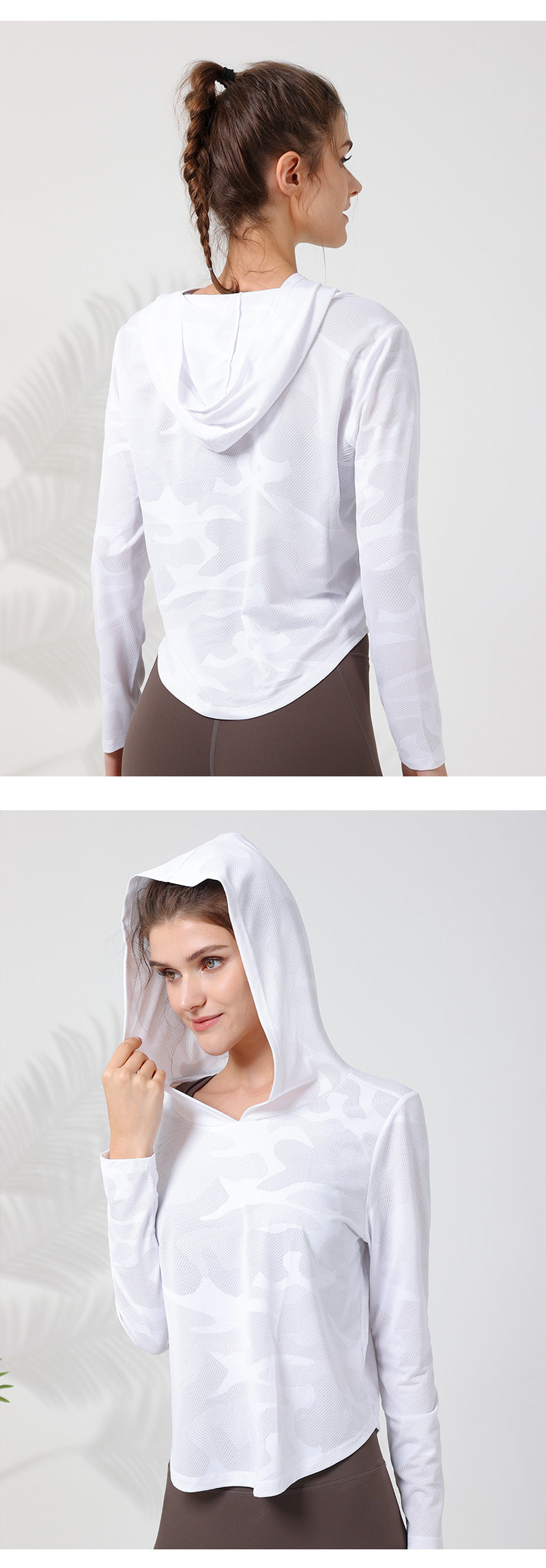 2023.08 New camouflage hooded long-sleeved women's quick-drying breathable curved hem outdoor sports yoga clothing to cover the abdomen and show thin T-shirt