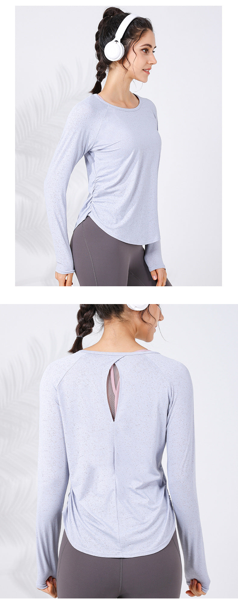 2023.09 New jacquard hollow out breathable sports long-sleeved adjustable waist drawstring to cover the meat curved hem fitness clothes for women