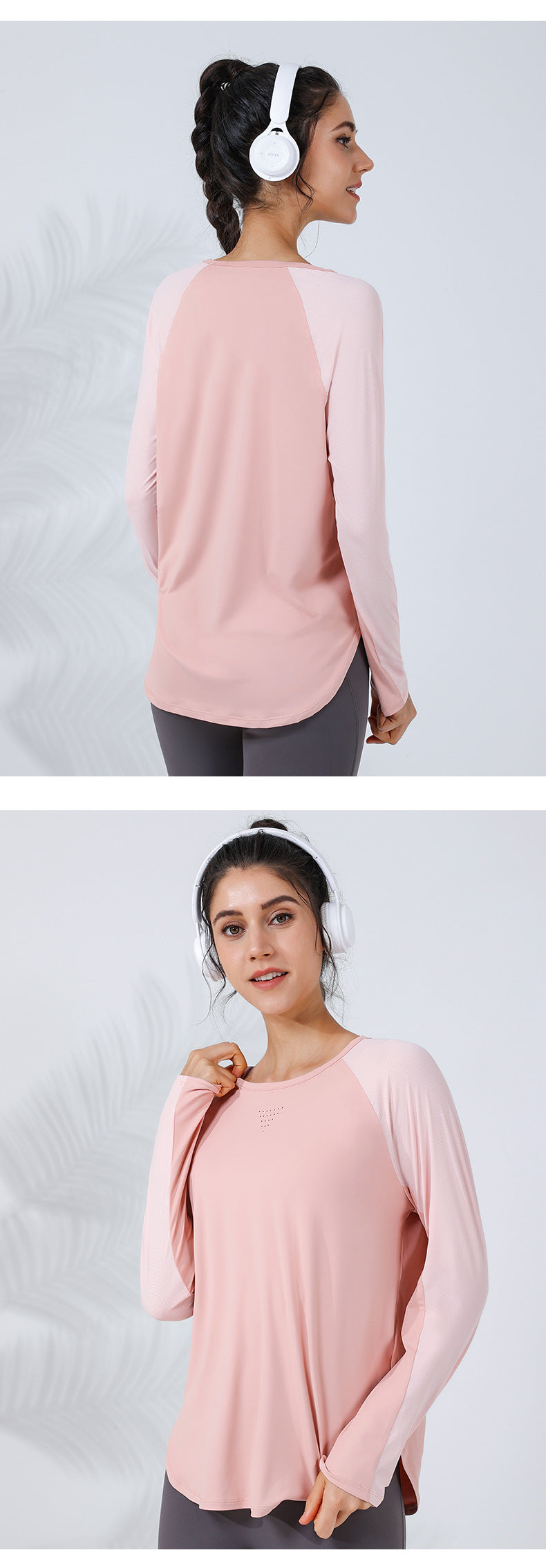 2023.09 Autumn and winter New mix colours stitching loose yoga long sleeve curved hem quick-drying slimming breathable sports top T-shirt