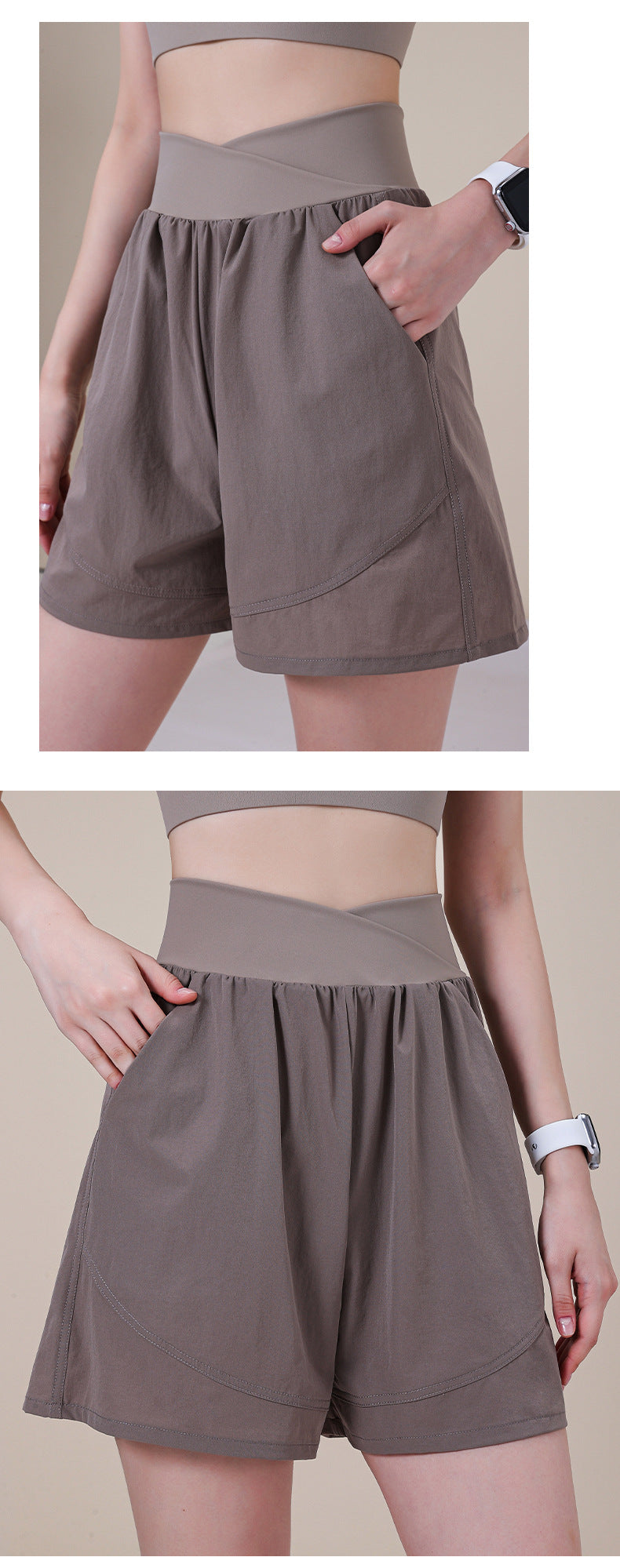 Summer new A-line trousers sports shorts women's belt pocket cross V-shaped belly slimming running fitness yoga pants