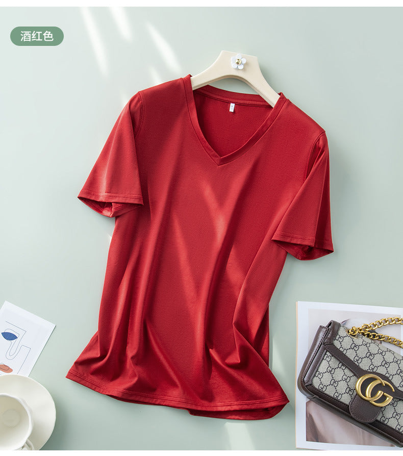 Light luxury mulberry silk short-sleeved t-shirt women's all-match V-neck top 2023 summer new cool V-neck half-sleeved bottoming shirt