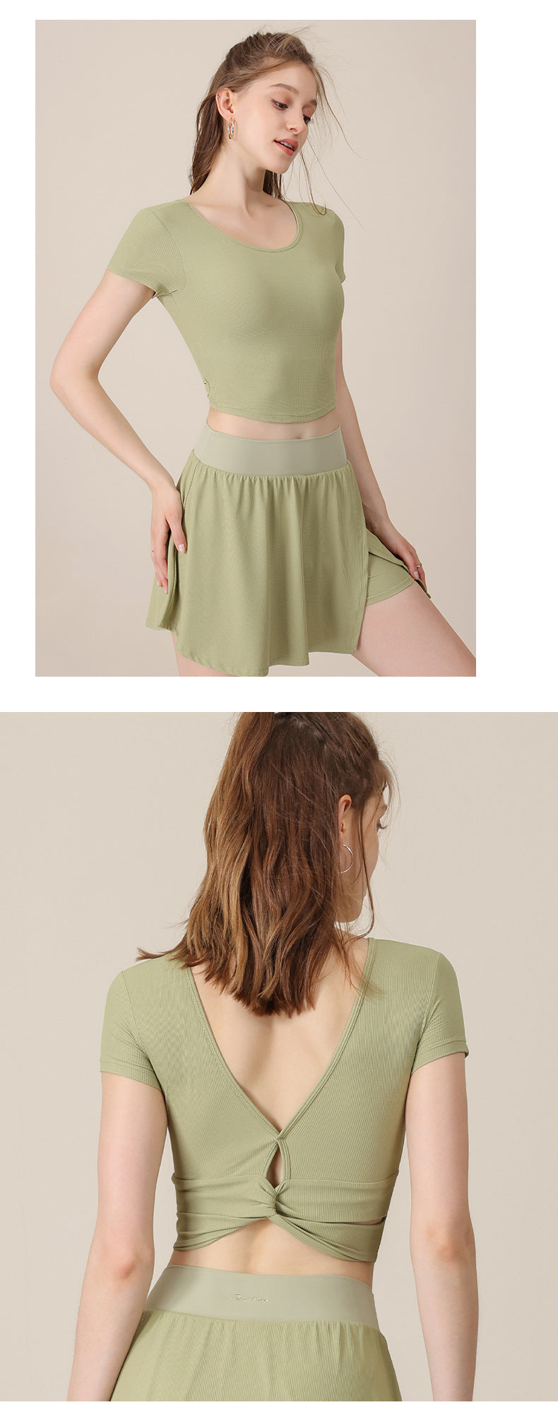 2023.08 Spring and summer new cool feeling yoga clothing tight sports top female beauty back short section with chest pad seamless fitness short sleeves