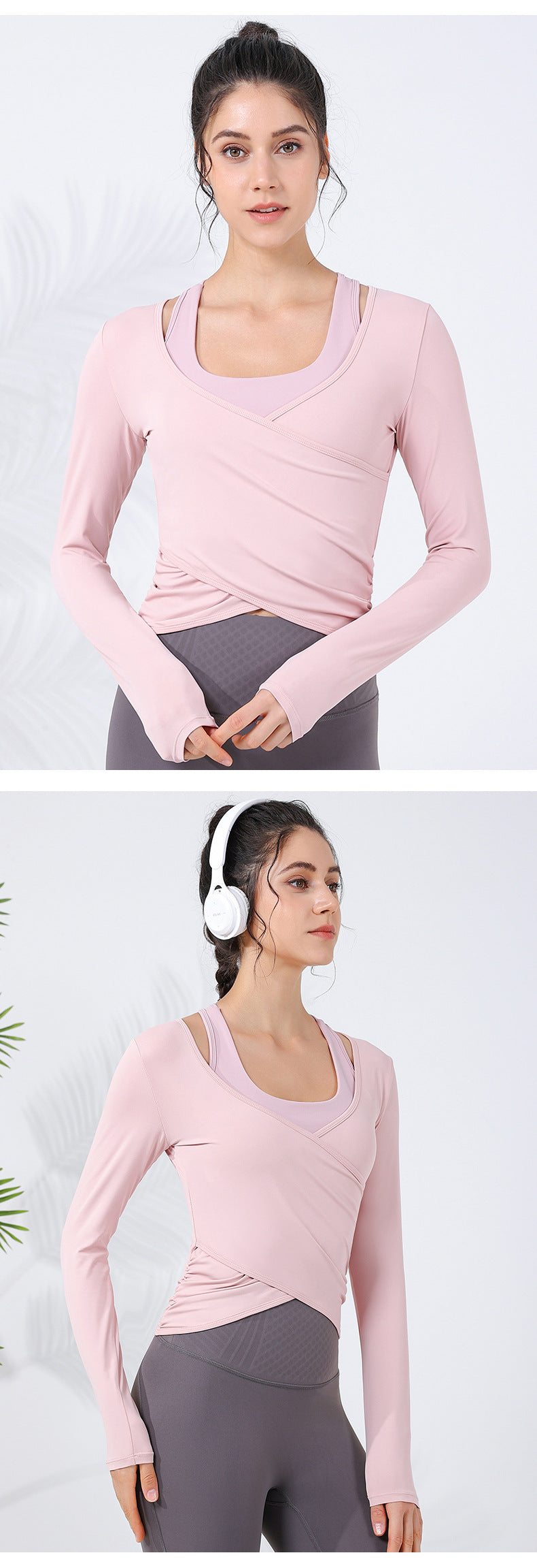 2023.09 New cross slimming running sports net red long-sleeved women's meat cover arc shrunken hem with chest pad fitness clothes