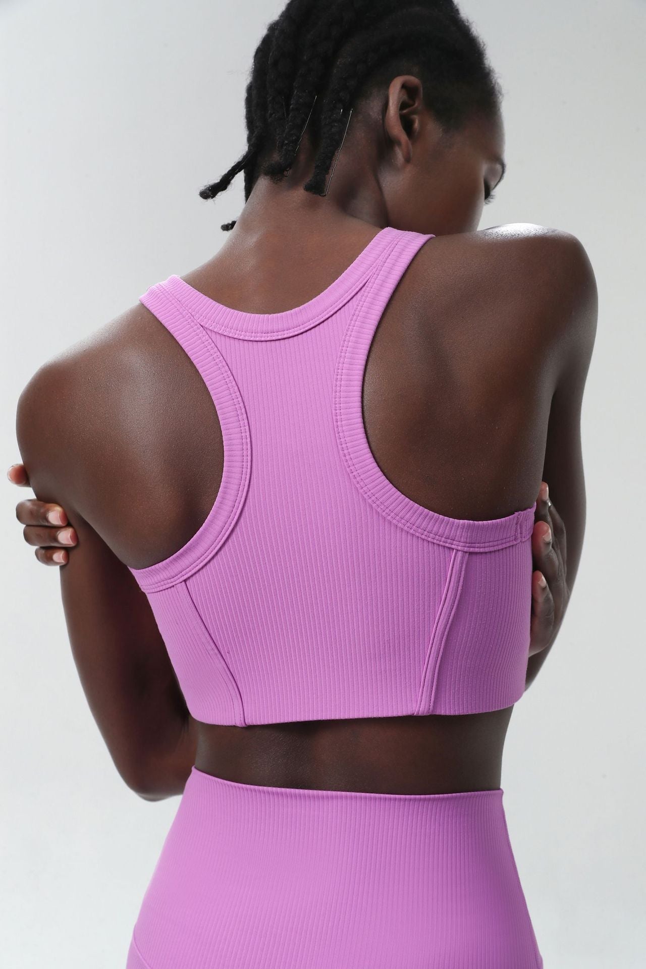 04/2024 ribbed High neck willow strip fan round oxygen cup sports bra women's long yoga fitness vest running bra