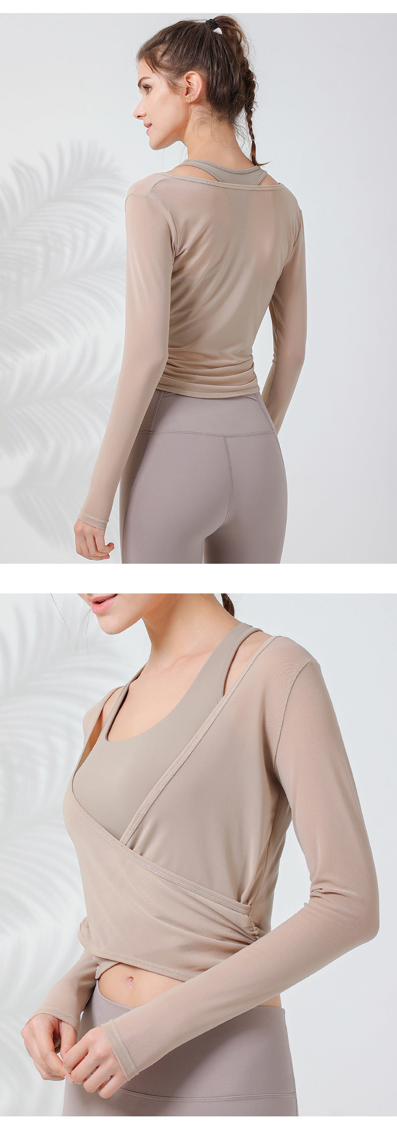 2023.09 Women Extra Large XL mesh outer wear slimming sports fitness long-sleeved Internet celebrity breathable waist T-shirt Pilates training blouse