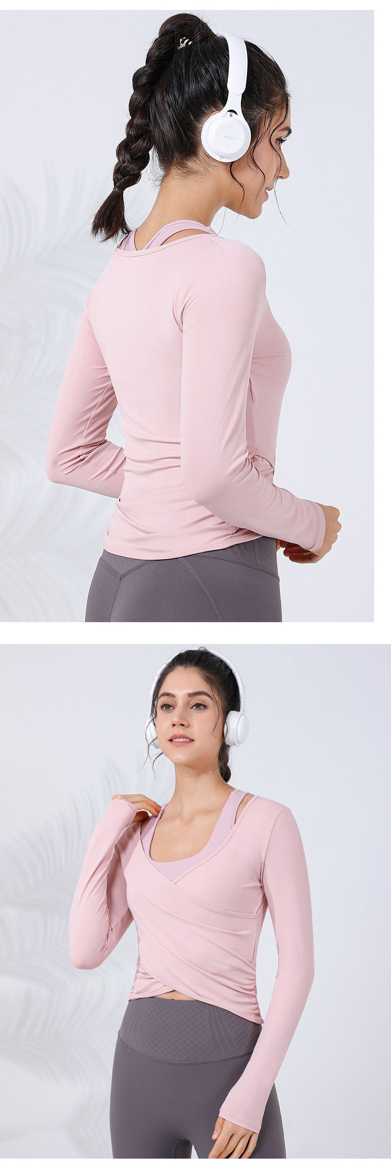 2023.09 New cross slimming running sports net red long-sleeved women's meat cover arc shrunken hem with chest pad fitness clothes