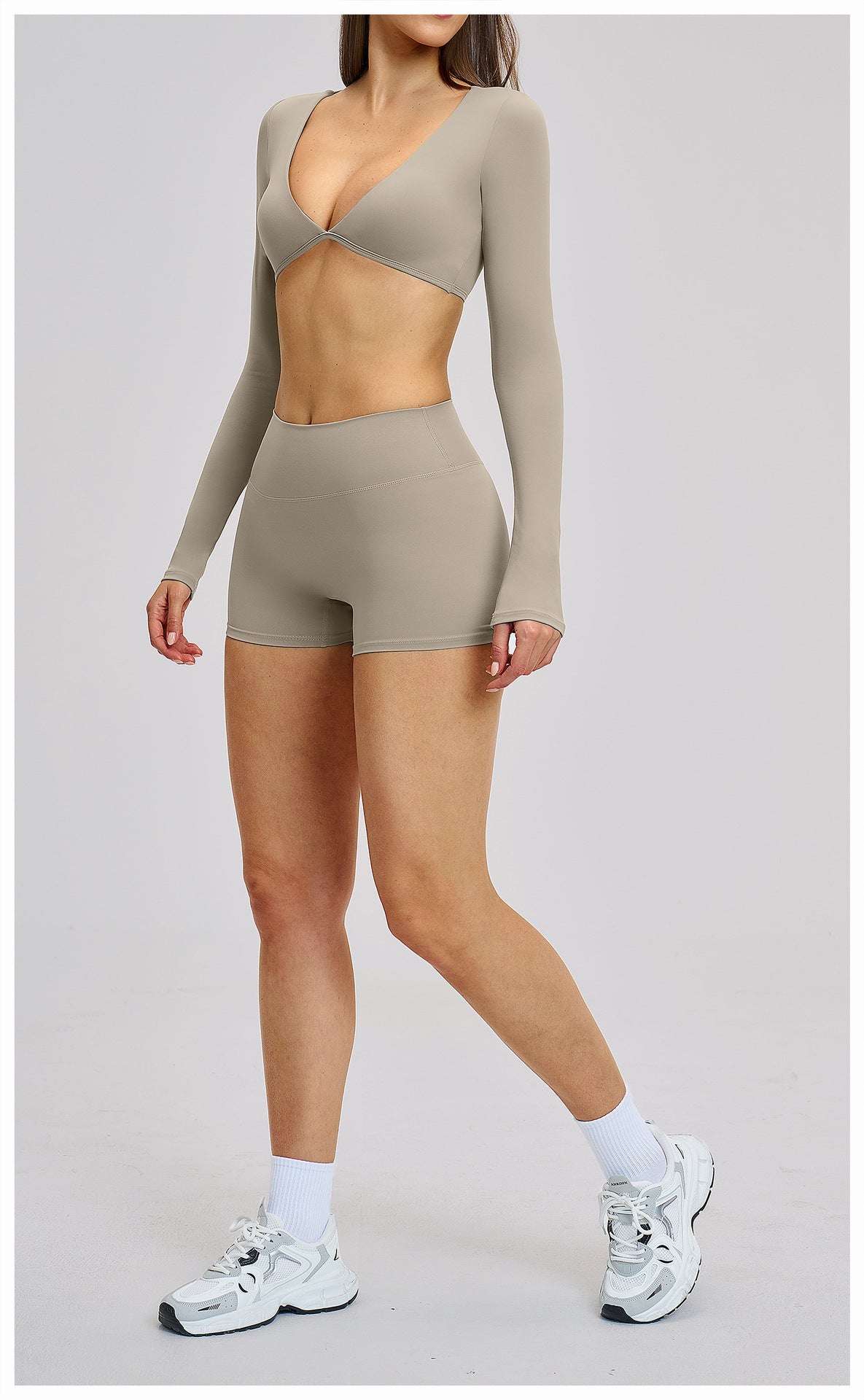 03/2026 Traje de yoga de manga larga estilo europeo y americano, traje deportivo de fitness con cuello halter para correr, ropa de yoga sin espalda cepillada 4201