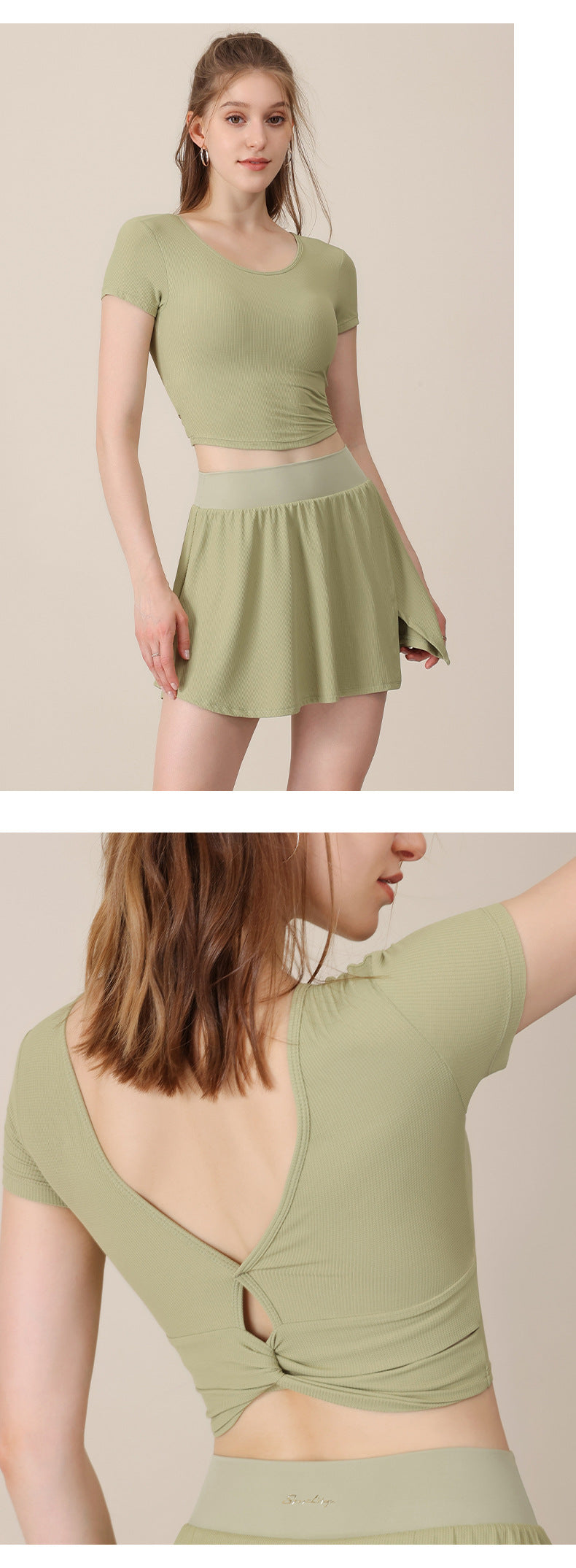 2023.08 Spring and summer new cool feeling yoga clothing tight sports top female beauty back short section with chest pad seamless fitness short sleeves