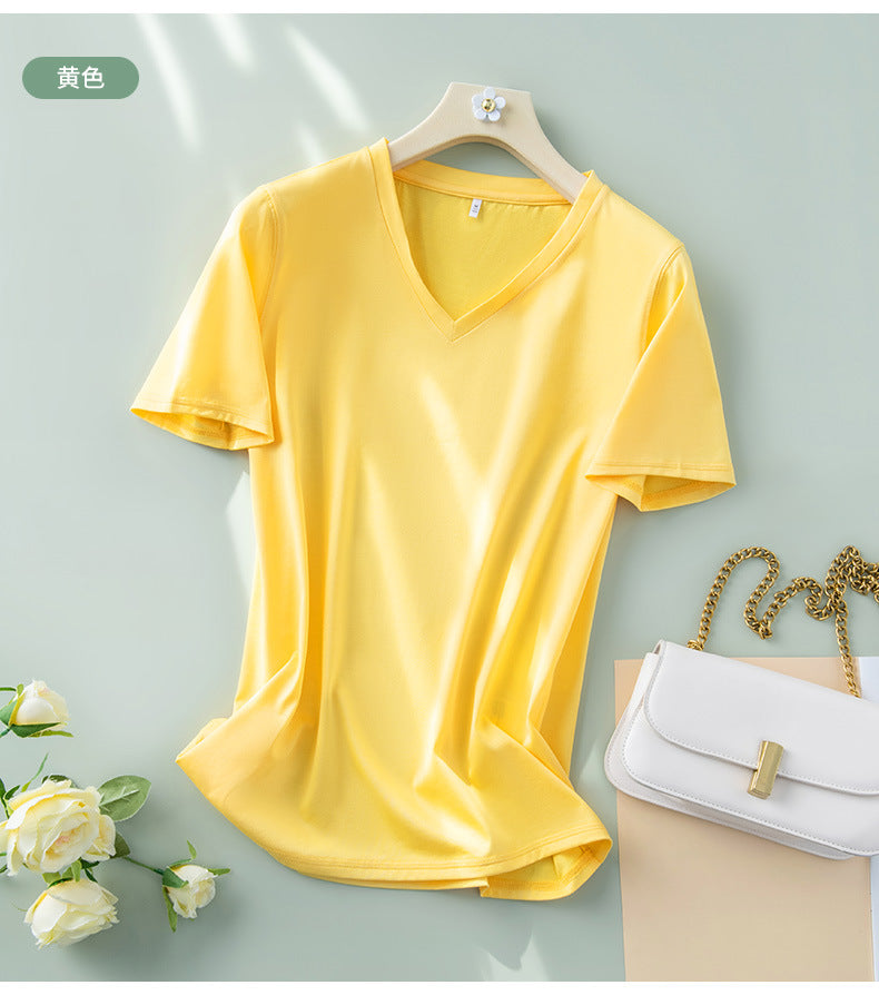 Light luxury mulberry silk short-sleeved t-shirt women's all-match V-neck top 2023 summer new cool V-neck half-sleeved bottoming shirt
