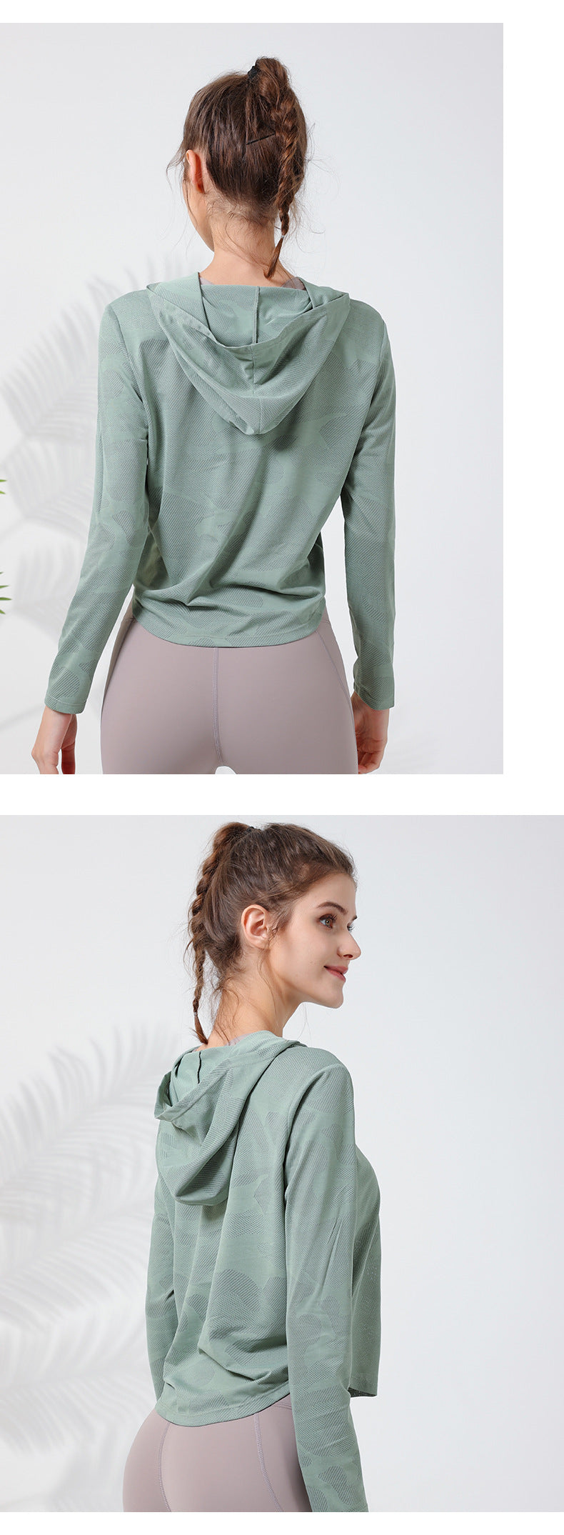 2023.08 New camouflage hooded long-sleeved women's quick-drying breathable curved hem outdoor sports yoga clothing to cover the abdomen and show thin T-shirt