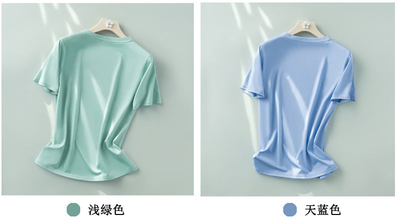 Short-sleeved t-shirt women's mulberry silk round neck bottoming shirt 2023 summer white all-match short half-sleeve ice-like top