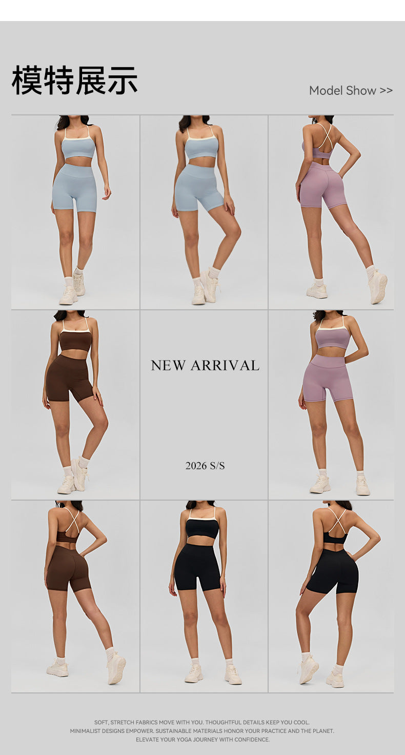 02/2026 Women's yoga lingerie, color-blocked crisscross thin straps, backless sports bra, suitable for layering or wearing as outerwear, fitness top.