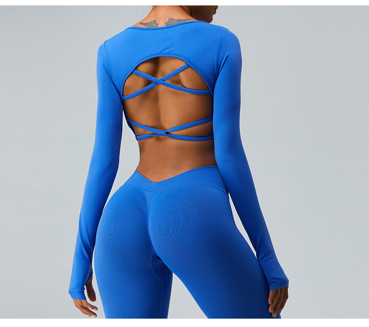 2023.09 yoga sets Autumn and winter new long sleeve yoga suit for women seamless sexy cross back peach hip lift yoga pants