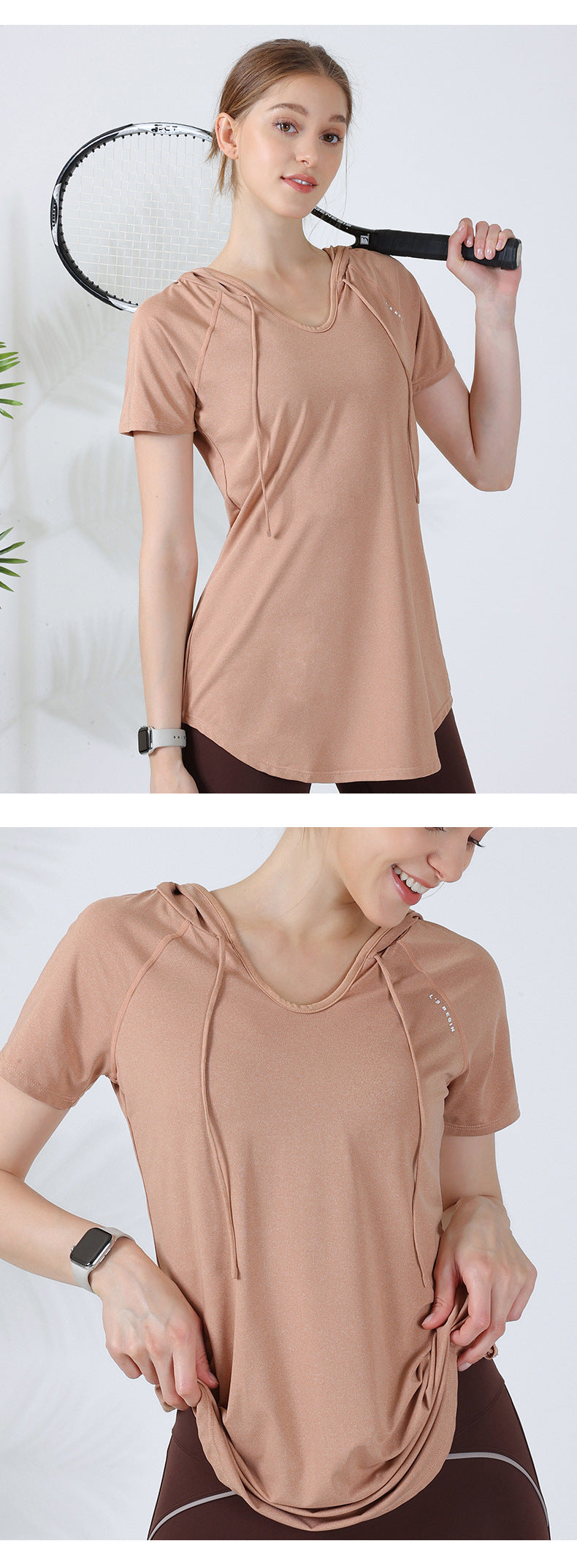 Loose hooded sports top women's short-sleeved T-shirt yoga clothing running fitness clothing