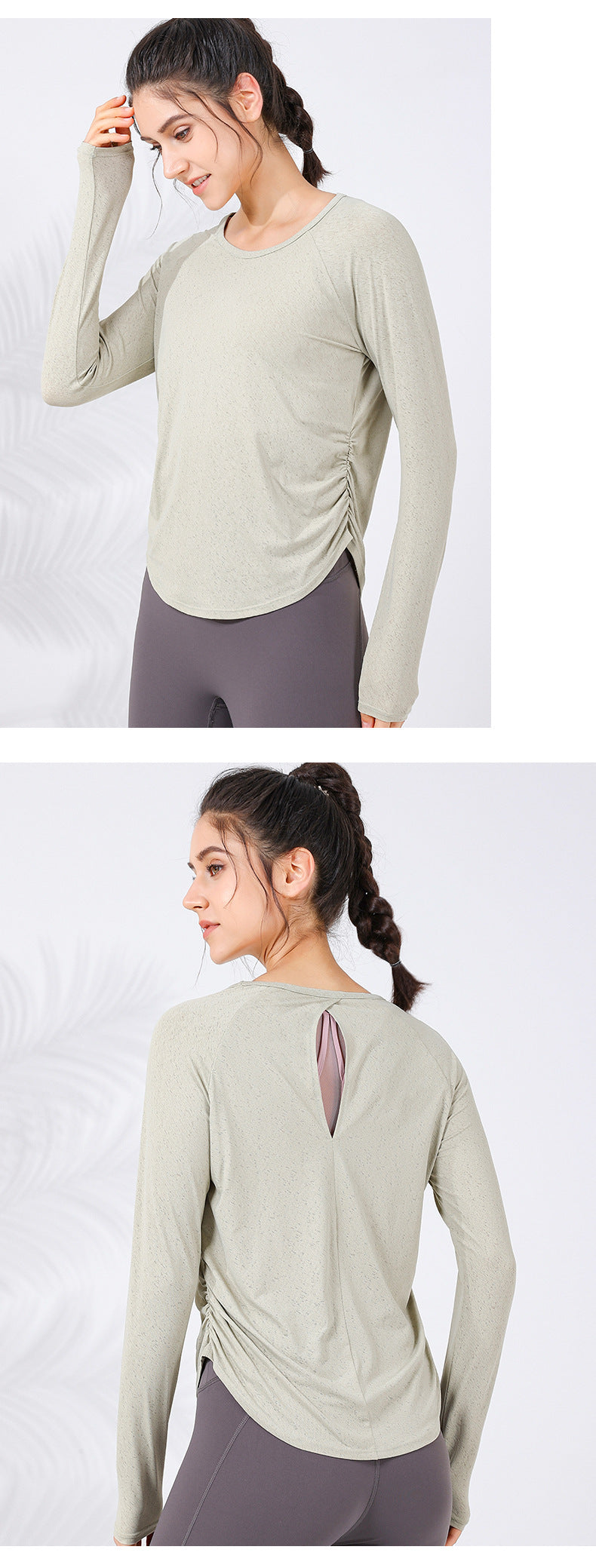 2023.09 New jacquard hollow out breathable sports long-sleeved adjustable waist drawstring to cover the meat curved hem fitness clothes for women