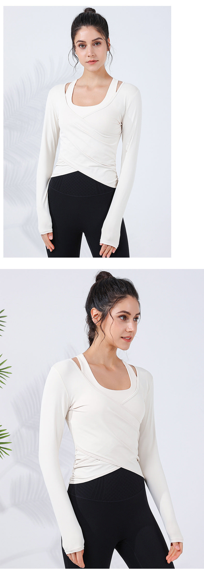 2023.09 New cross slimming running sports net red long-sleeved women's meat cover arc shrunken hem with chest pad fitness clothes