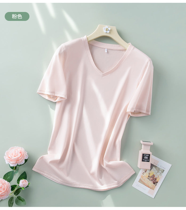 Light luxury mulberry silk short-sleeved t-shirt women's all-match V-neck top 2023 summer new cool V-neck half-sleeved bottoming shirt