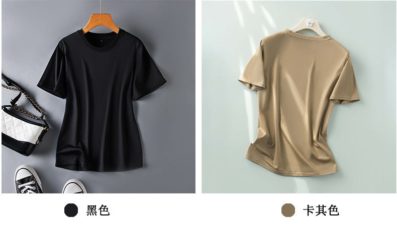 Short-sleeved t-shirt women's mulberry silk round neck bottoming shirt 2023 summer white all-match short half-sleeve ice-like top