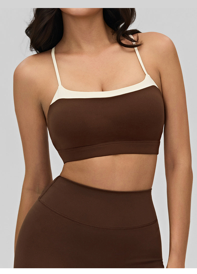 02/2026 Women's yoga lingerie, color-blocked crisscross thin straps, backless sports bra, suitable for layering or wearing as outerwear, fitness top.