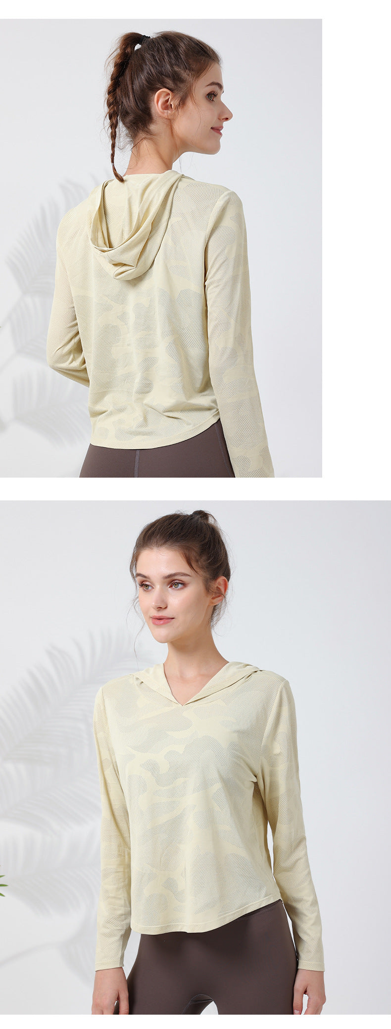 2023.08 New camouflage hooded long-sleeved women's quick-drying breathable curved hem outdoor sports yoga clothing to cover the abdomen and show thin T-shirt
