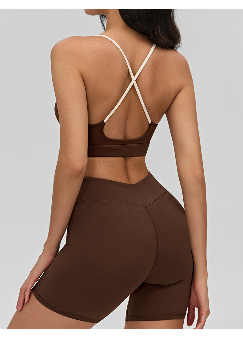 02/2026 Women's yoga lingerie, color-blocked crisscross thin straps, backless sports bra, suitable for layering or wearing as outerwear, fitness top.